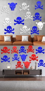 Macro detail of acrylic 3D skull mirror wall stickers in red blue and silver colors