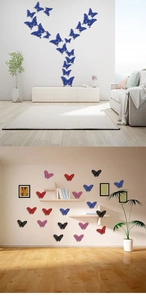 Détail de stickers muraux papillons 3D ajourés sur un mur de salon de style minimaliste
