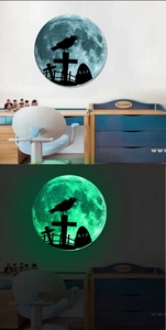 Luminous Halloween wall sticker showing glowing moon and raven contrast in day and night