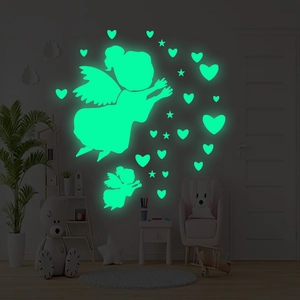 Luminous angel and stars wall stickers set glowing green in dark kids bedroom