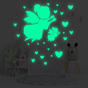 Luminous angel and stars wall stickers for kids room with glowing green PVC material