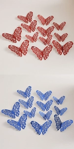 Détail macro de stickers muraux papillon 3D évidés au laser en couleurs rouge et bleu