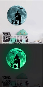 Glow-in-the-dark Halloween wall sticker showing moon silhouette with witch and bats