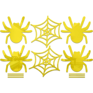 Yellow acrylic mirror Halloween wall stickers with spider and cobweb shapes