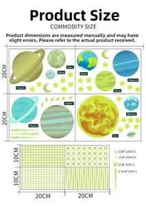 Detailed size chart showing planetary glow wall stickers with dimensions for kids rooms
