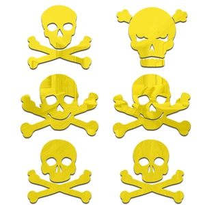 Detailed view of six yellow mirror skull wall stickers for Halloween home decoration