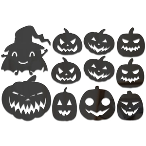 Detail view of 11-piece black acrylic Halloween wall stickers with pumpkin and witch motifs