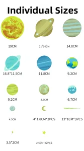 Detailed size chart of space planet wall decals including Sun, Earth, and Moon stickers