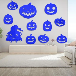 Blue acrylic mirror pumpkin wall stickers set for Halloween home interior decoration