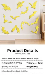 Detail showing acrylic bat mirror wall stickers with 1mm thickness and assorted color options