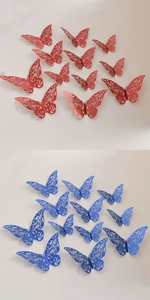Détail de stickers muraux papillons 3D ajourés avec motifs floraux en rouge et bleu