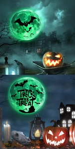 Luminous Halloween wall stickers showing a green glowing moon with bat and Trick or Treat text