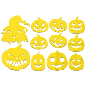 Flat lay of 11 yellow Halloween acrylic mirror wall stickers with ghost and pumpkin designs