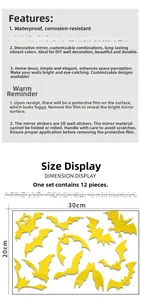 Detail view of 12pcs yellow bat acrylic mirror wall stickers with size dimensions