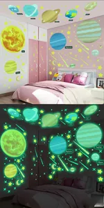 Solar system luminous wall stickers set showing glowing planets and stars in dark