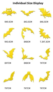 Size chart showing 12 unique Halloween bat wall stickers with specific dimensions