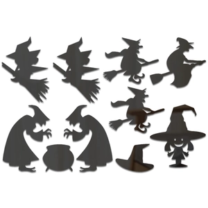 Detail of Halloween black acrylic mirror wall stickers featuring witches and cauldrons