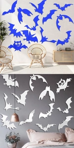 Detailed view of mirror acrylic bat wall stickers in blue and silver for Halloween decor