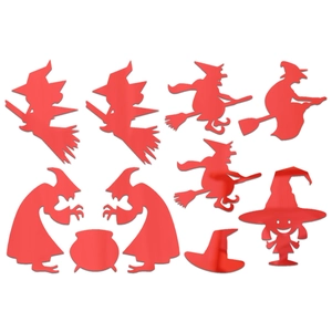 8-piece red acrylic Halloween wall stickers featuring flying witches and cauldrons