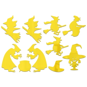 8-piece Halloween yellow acrylic mirror wall stickers featuring witch and cauldron silhouettes