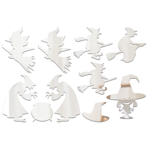 Detail view of Halloween acrylic mirror wall stickers with witch and cauldron silhouettes