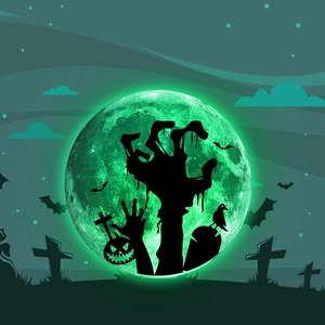 Luminous Halloween wall decal featuring green moon with zombie and pumpkin silhouettes