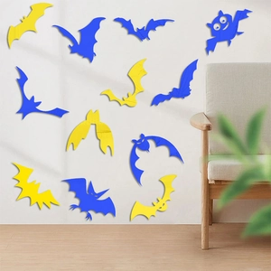 Detailed 3D acrylic bat wall stickers in blue and yellow for Halloween home decoration