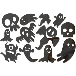 Set of 11 black acrylic Halloween mirror wall stickers featuring skull and ghost shapes