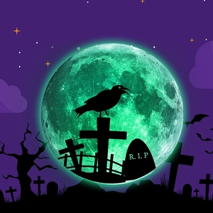 Luminous Halloween wall sticker featuring a glowing green moon with crow and tombstone motifs