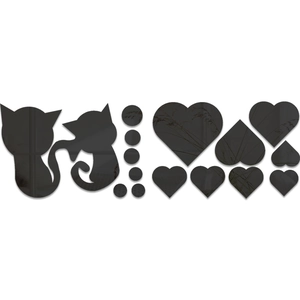 Detail of black acrylic cat and heart mirror wall stickers with reflective surface