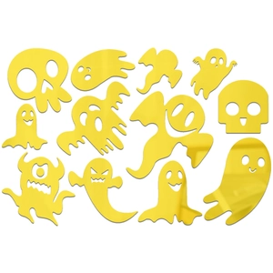 Macro view of yellow Halloween acrylic mirror wall stickers with ghost and skull shapes