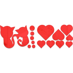 Detail view of red acrylic cat and heart mirror wall stickers set on white background