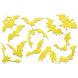 Set of 12 yellow acrylic bat wall stickers with mirror effect for Halloween decor
