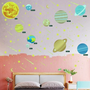 Glow-in-the-dark solar system wall stickers with planets and stars for kids' bedroom