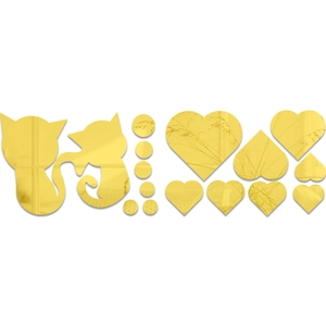 Golden acrylic mirror wall stickers with cats and hearts reflecting window light