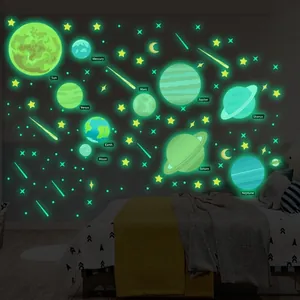 Luminous solar system wall stickers with nine planets and meteors for kids room decor