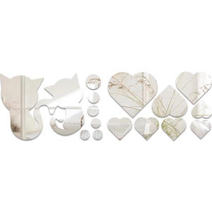 Silver mirror cat heart acrylic wall stickers set for living room and bedroom decor