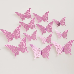 Lot de 12 stickers muraux papillons 3D ajourés rose violet effet métallique pour décor