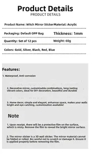 Specifications of witch acrylic mirror wall stickers, 1mm thickness, 12 pieces per set