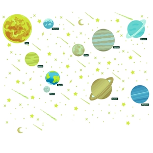 Luminous solar system wall stickers featuring nine planets and stars for kids room decor