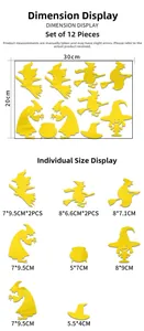 Size display chart showing 12PCS yellow acrylic witch mirror wall decals with dimensions