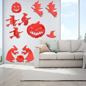 Red acrylic Halloween wall stickers set with mirror witches and pumpkins for home decor