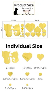 Size chart for golden acrylic cat and heart mirror wall stickers with specific dimensions