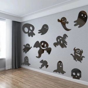 Halloween mirror wall stickers set with black acrylic ghosts, skulls and monsters for home decor