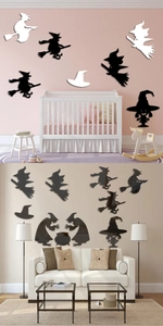 Detailed 3D witch silhouettes with cauldrons for Halloween wall mirror decoration