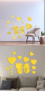 Golden acrylic mirror wall stickers with cat and heart shapes for home decor