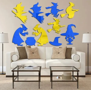 Macro shot of Halloween witch acrylic mirror wall decals showing glossy reflective surface