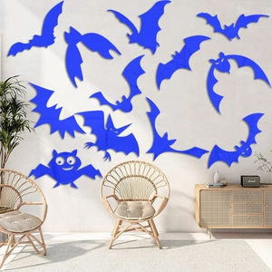 Set of 12 blue acrylic bat mirror wall stickers for creative Halloween home decor