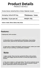 Detailed technical specifications for 1mm thick acrylic 3D mirror butterfly wall stickers