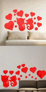 Detail of red acrylic 3D mirror wall stickers featuring cats and hearts for home decor